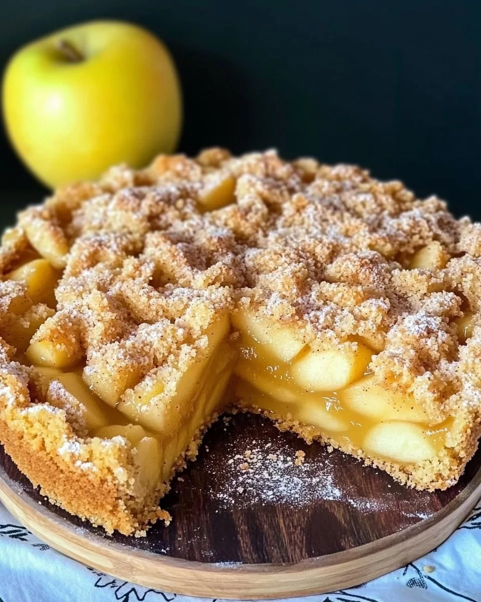 Apfelmus-Vanillepudding-Kuchen auf einem Teller, dekoriert mit Apfelscheiben