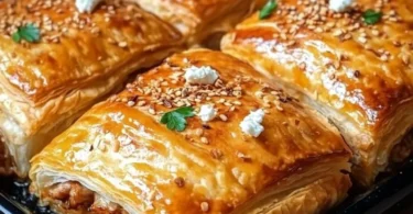 Blätterteig gefüllt mit Gyros und Feta-Käse auf einem Teller