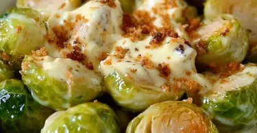 Brussels Sprouts with Cream Cheese Mustard Sauce on a plate
