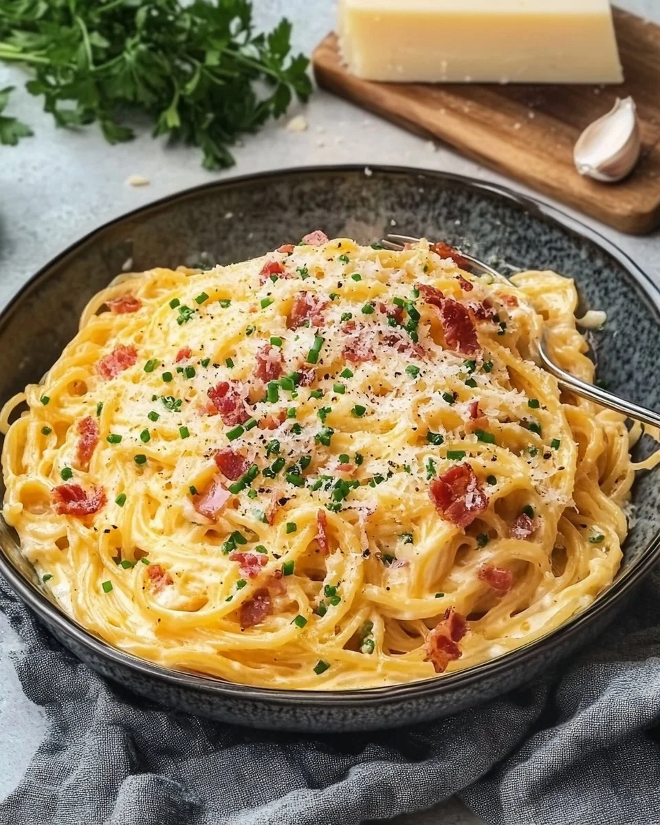 Eier-Nudeln mit Speck und Parmesan auf einem Teller serviert.