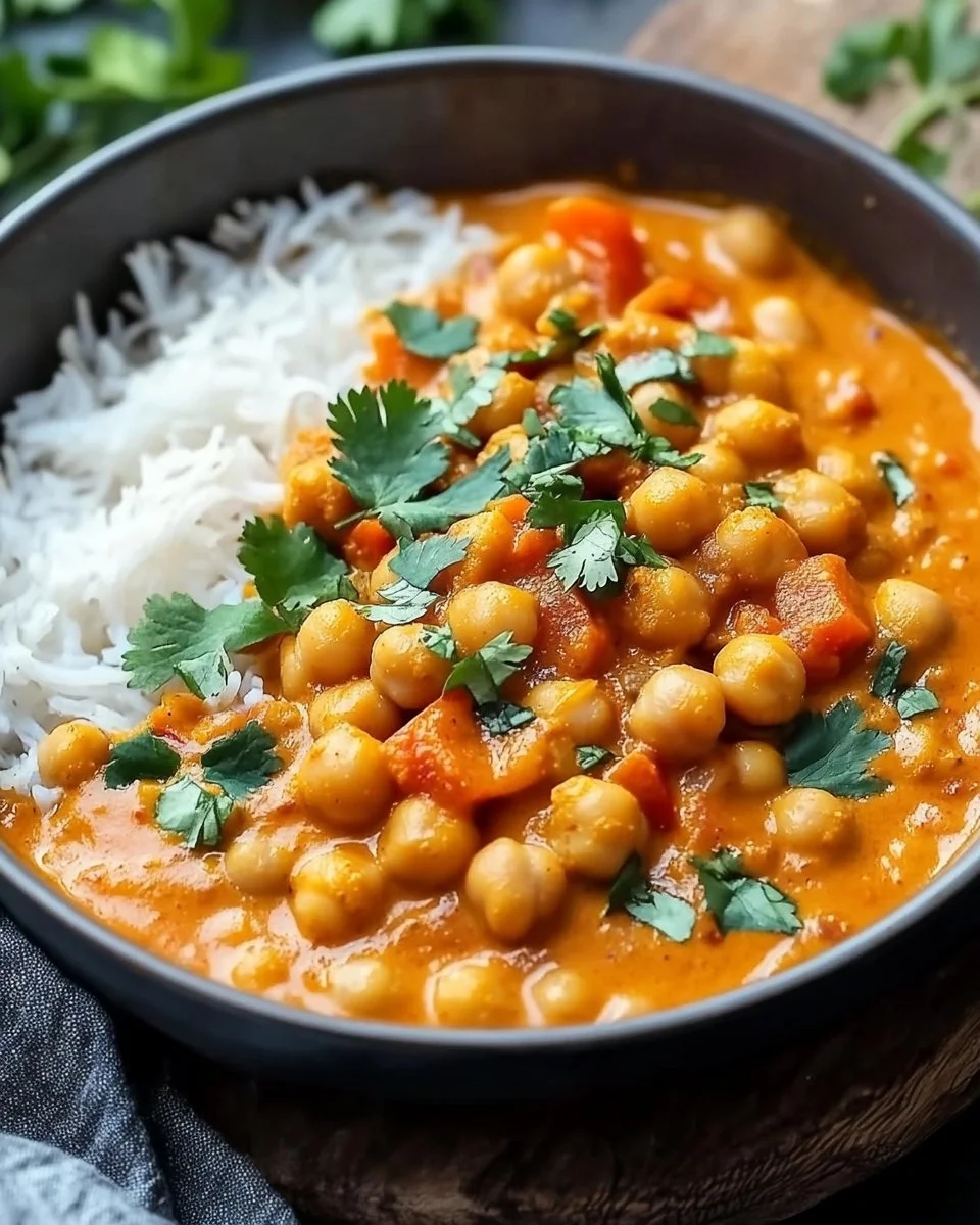 Schüssel mit einfachem Kichererbsen-Curry, serviert mit frischen Kräutern