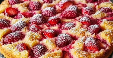 Erdbeer-Rhabarber-Joghurtkuchen auf einem Teller, dekoriert mit frischen Erdbeeren.