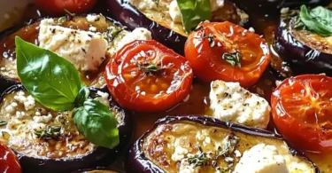 Gebackene Auberginen mit Feta und Kirschtomaten auf einem Teller