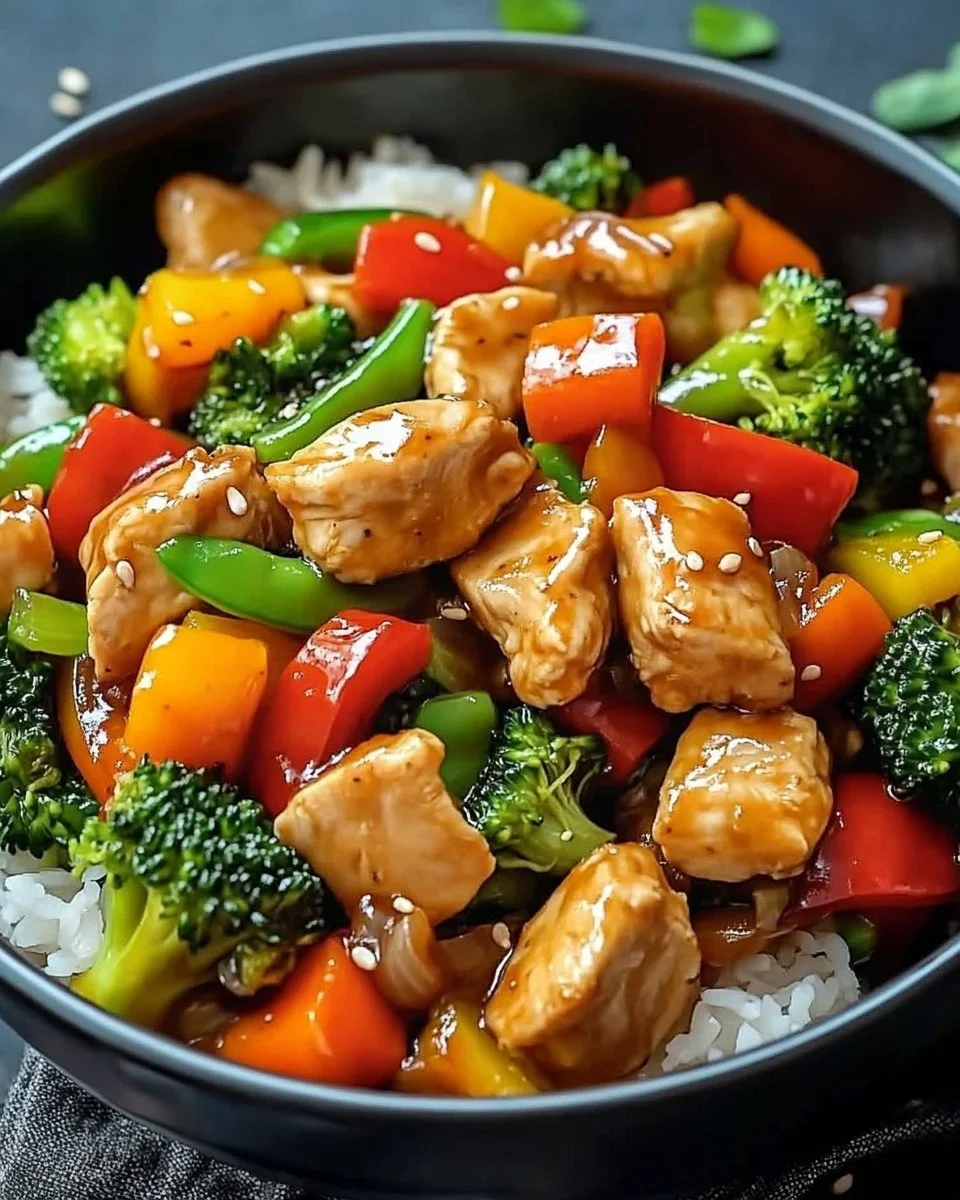 Hähnchen-Gemüsepfanne mit buntem Gemüse in einer leckeren Sauce