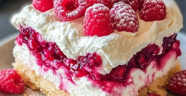 Himbeerwolke mit Mascarponecreme auf einem Teller serviert