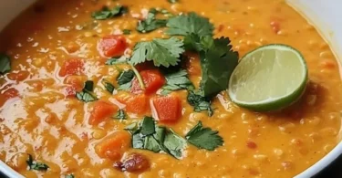 Schüssel mit Rote-Linsen-Curry-Suppe, gesund und schmackhaft