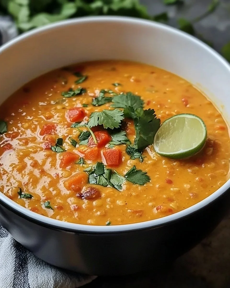 Schüssel mit Rote-Linsen-Curry-Suppe, gesund und schmackhaft