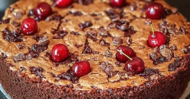 Schoko Kirsch Kuchen mit Schokoladenglasur und frischen Kirschen