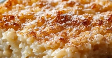 Ein köstlicher Apfel-Reis-Auflauf auf einem Teller, dekoriert mit Zimt und Äpfeln