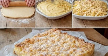 15-Minuten Vanillepudding-Streuselkuchen auf einem Blech, frisch gebacken und dekoriert.