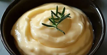 Selbstgemachtes Aioli in einer Schüssel mit knusprigem Brot daneben