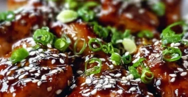 Leckeres Airfryer Teriyaki-Hühnchen auf einem Teller serviert