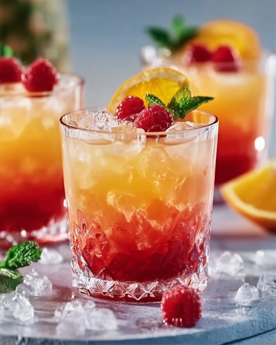 Ein alkoholfreier Tequila Sunrise mit frischen Früchten und buntem Getränkeglas.