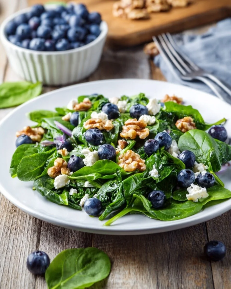 Bärlauch-Salat mit Spinat und Heidelbeeren auf einem Teller angerichtet.