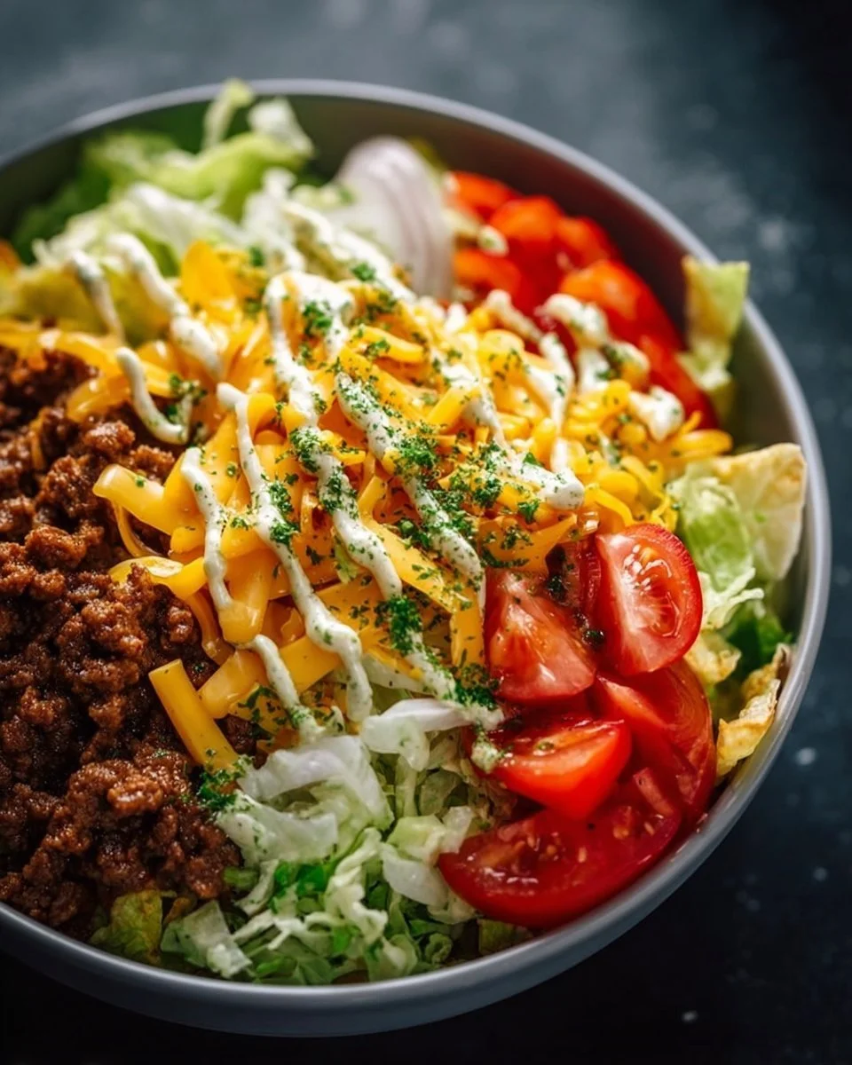 Big Mac Cheeseburger Salat Bowl mit frischen Zutaten und köstlichem Dressing