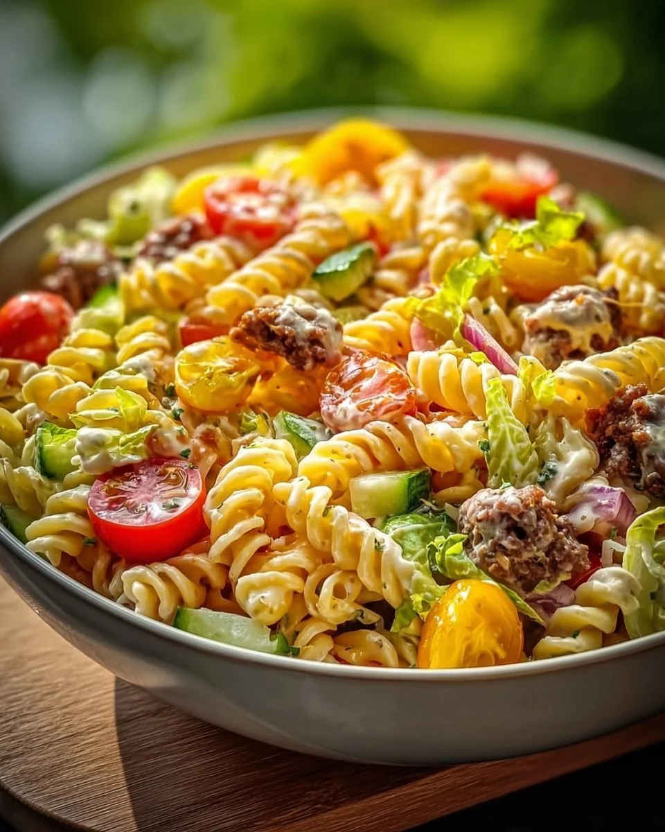 Schüssel mit Big Mac Pasta Salat, inspiriert vom berühmten Big Mac Burger.