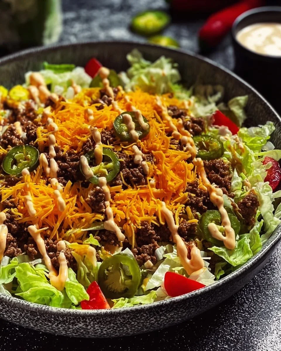 Big Mac Salat mit frischem Gemüse und Dressing auf einem Teller