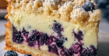Blaubeerkuchen mit Pudding und Streusel auf einem Teller