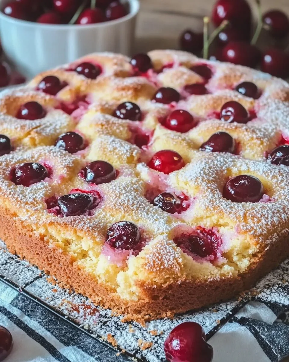 Quark Kirschkuchen in einer Backform, frisch gebacken und dekoriert.
