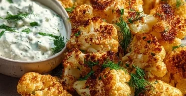 Köstlicher Blumenkohl aus dem Airfryer mit Kräuterquark auf einem Teller