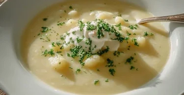 Leckere Blumenkohlsuppe in einer weißen Schüssel serviert