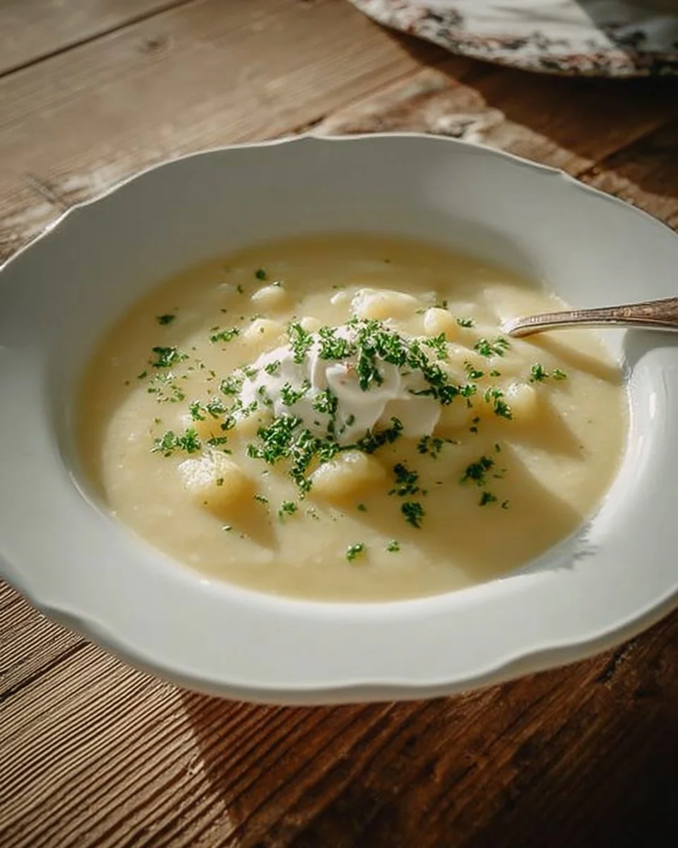 Leckere Blumenkohlsuppe in einer weißen Schüssel serviert