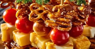 Brezel-Käse-Spieße auf einem Holzbrett angerichtet