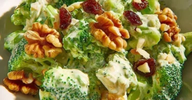 Ein frischer und gesunder Brokkoli-Salat (roh) auf einem Teller.