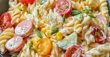 Bunter Nudelsalat mit Mayonnaise in einer Schale angerichtet
