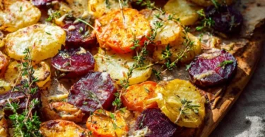Buntes Kartoffelgratin mit Gemüse auf einem Teller angerichtet