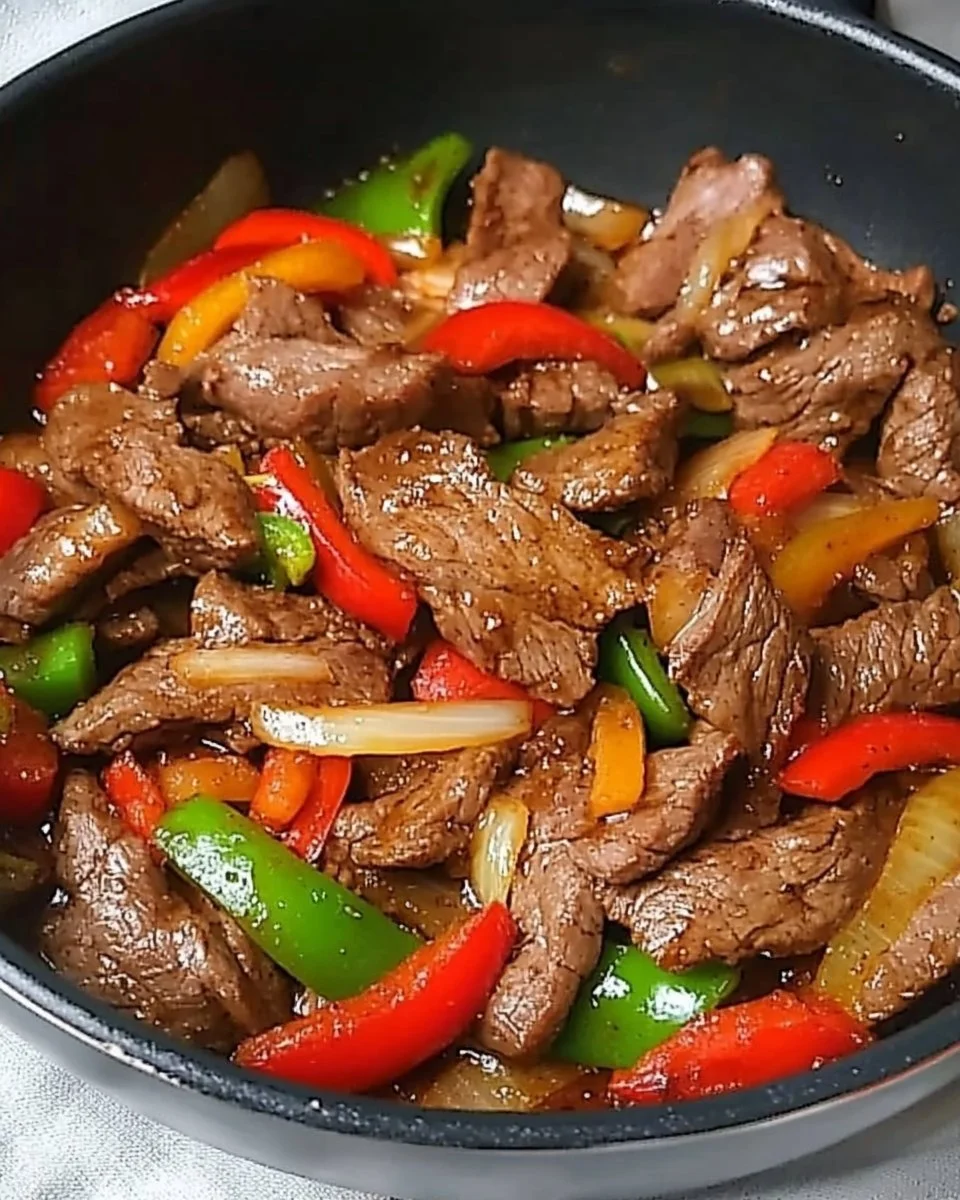 Chinesisches Rindfleisch mit Zwiebeln und Paprika auf einem Teller serviert