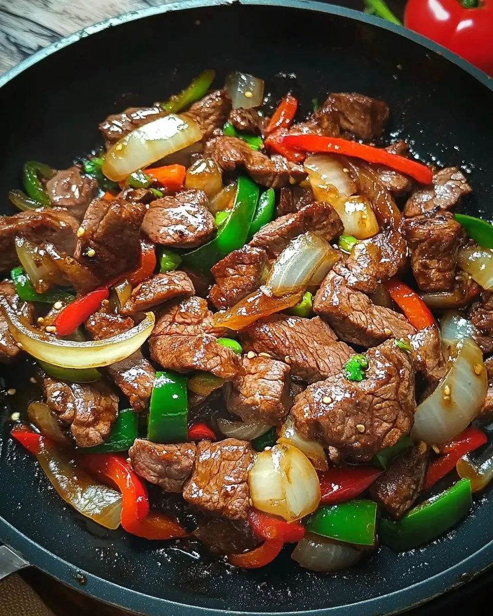 Chinesisches Rindfleisch mit Zwiebeln und Paprika