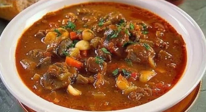 Deftige Gulaschsuppe im Kessel, kräftig und voller Geschmack