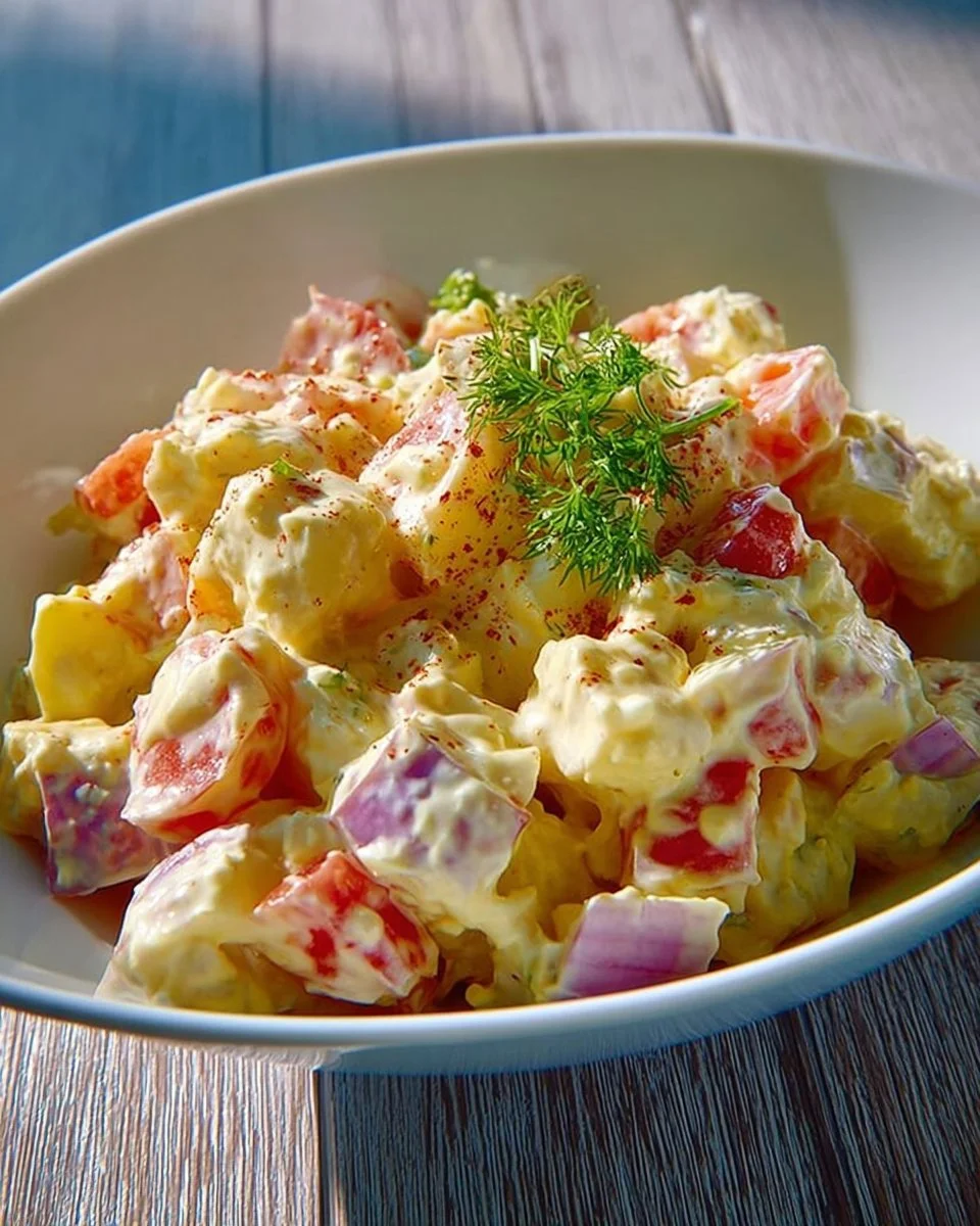 Eiersalat mit Tomaten auf einem eleganten Teller serviert.