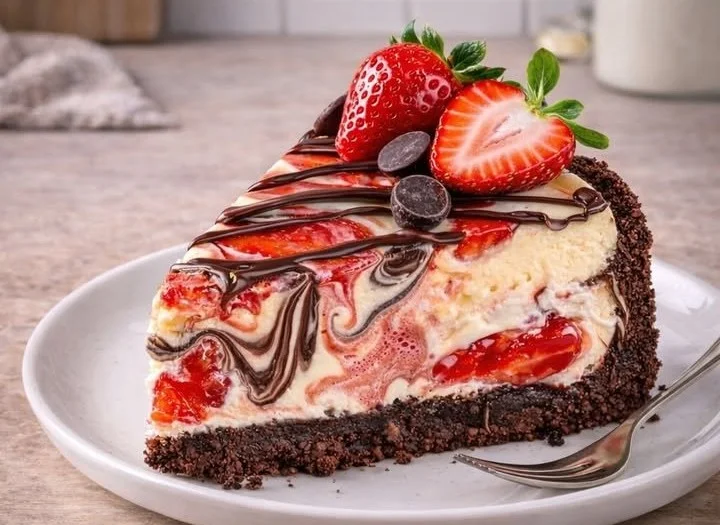 Erdbeer-Käsekuchen ohne Backen auf einem weißen Teller dekoriert mit frischen Erdbeeren