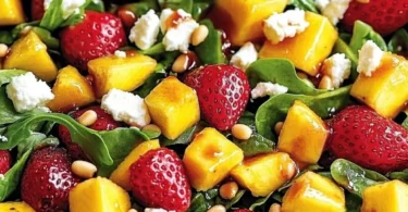 Erdbeer-Mango-Salat mit Spinat, Rucola und Feta auf einem Teller