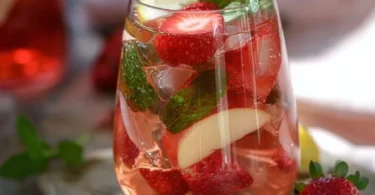 Erdbeer-Minz-Bowle in einem Glas mit frischen Erdbeeren und Minzblättern