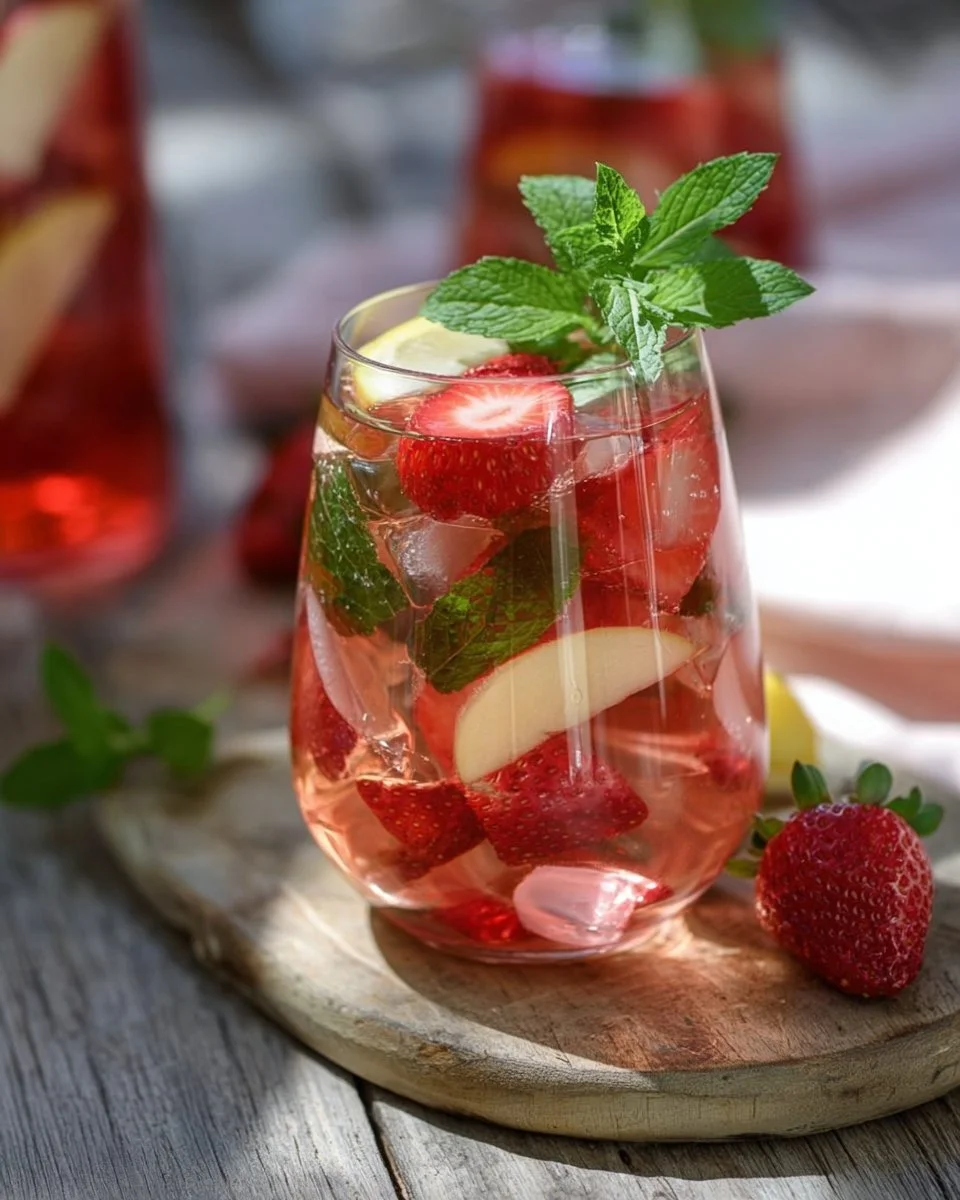 Erdbeer-Minz-Bowle in einem Glas mit frischen Erdbeeren und Minzblättern