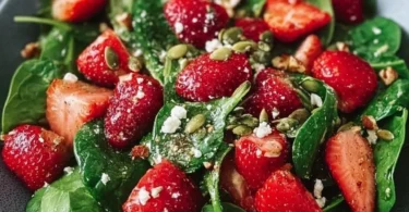 Erdbeer-Spinat-Salat mit frischen Zutaten auf einem Teller angerichtet