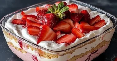 Leckeres Erdbeer-Tiramisu in einer eleganten Schale serviert.