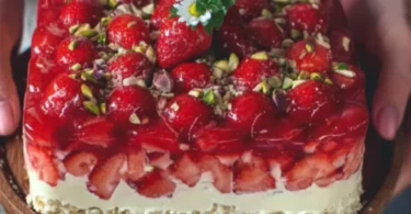 Erdbeerkuchen vom Blech mit Vanillepudding auf einem Teller serviert.