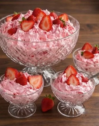 Erdbeerwolke Dessert mit frischen Erdbeeren und Sahne, serviert in einer eleganten Schale
