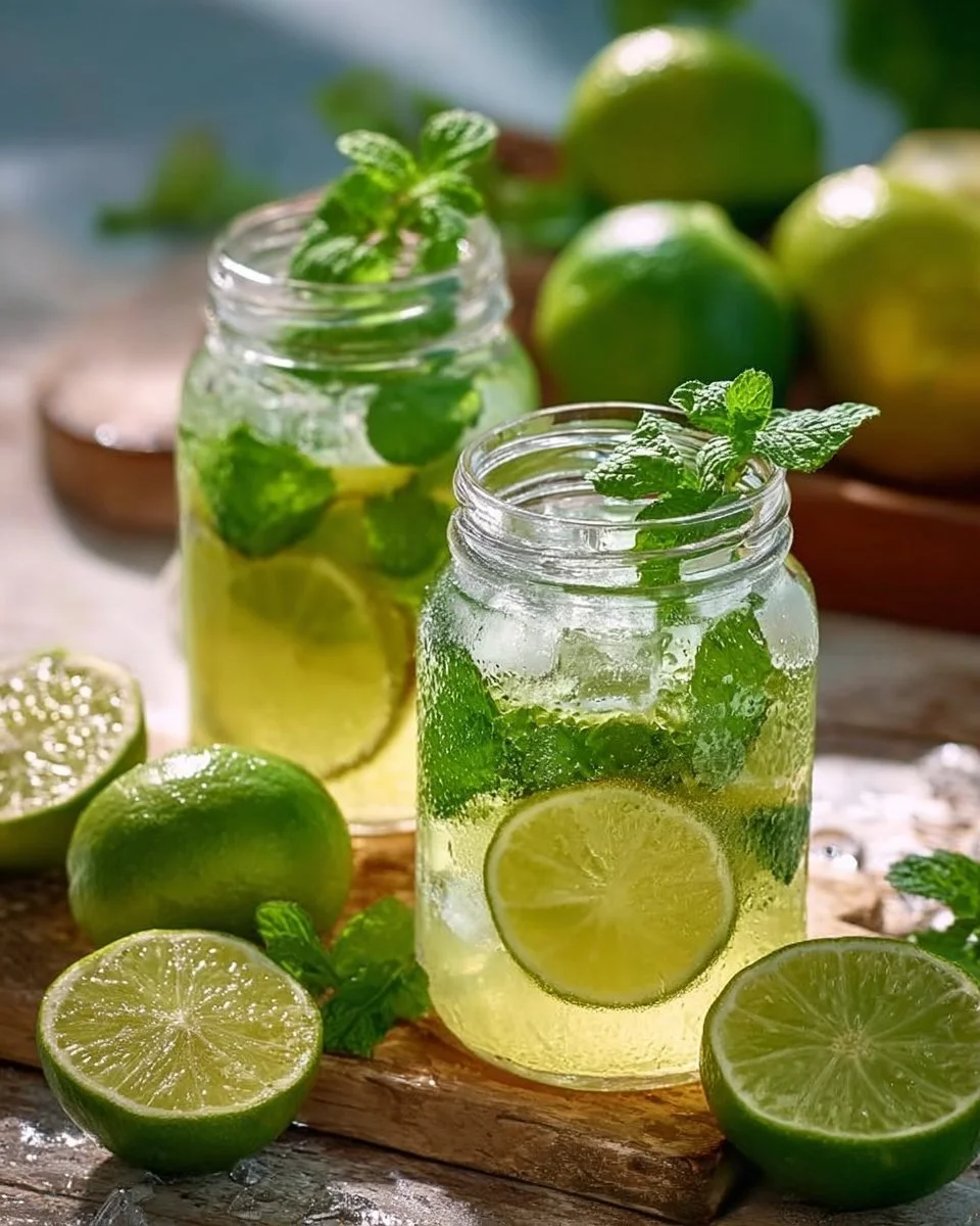 Erfrischende Limetten-Limonade in einem Glas mit Limettenscheibe und Eiswürfeln