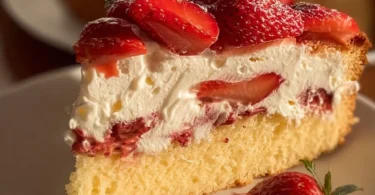 Fantakuchen mit frischen Erdbeeren auf einem Teller serviert