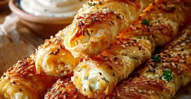 Feta-Sticks aus Blätterteig auf einem Teller serviert