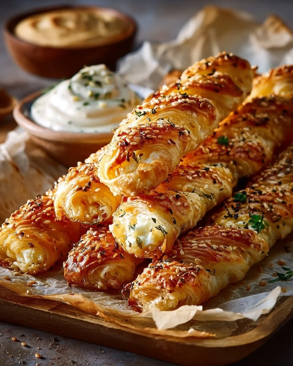 Feta-Sticks aus Blätterteig auf einem Teller serviert