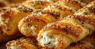 Leckere Feta Blätterteigstangen frisch gebacken auf einem Teller