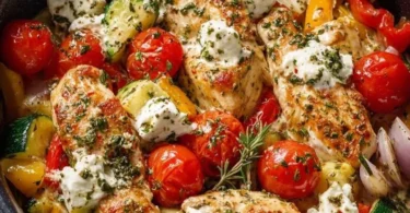 Feta-Hähnchen Pfanne zubereitet im Airfryer mit frischem Gemüse