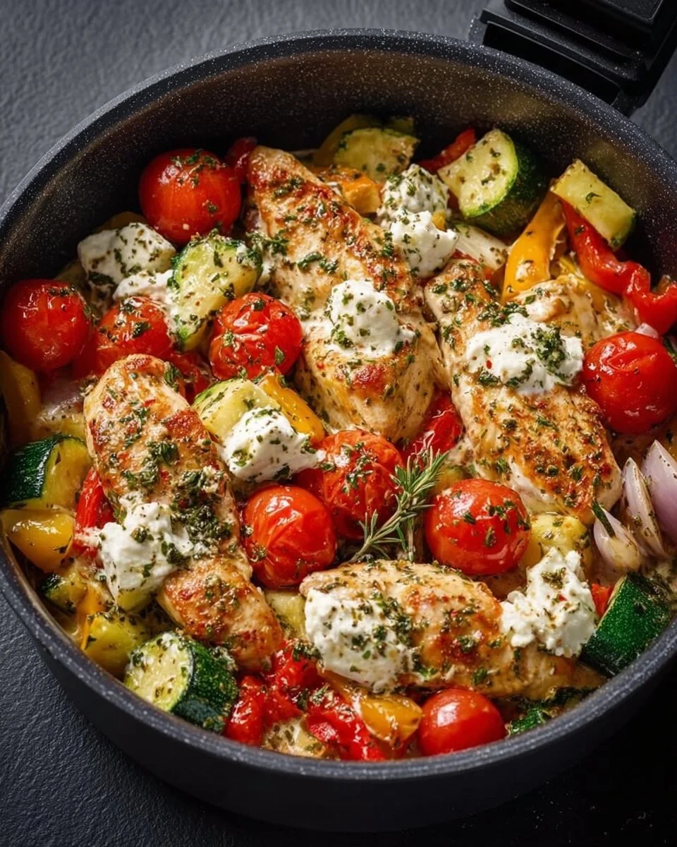 Feta-Hähnchen Pfanne zubereitet im Airfryer mit frischem Gemüse