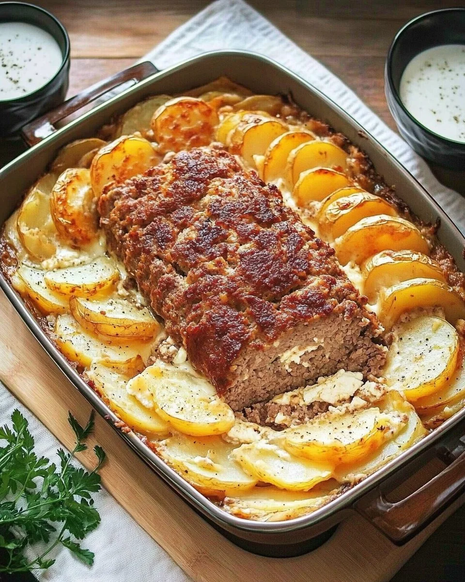 Leckeres Fleischkäse-Gericht mit Kartoffeln und Schafskäse